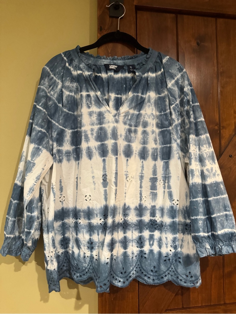 Lands' End Blue and White Tie-Dye Eyelet Peasant Tunic